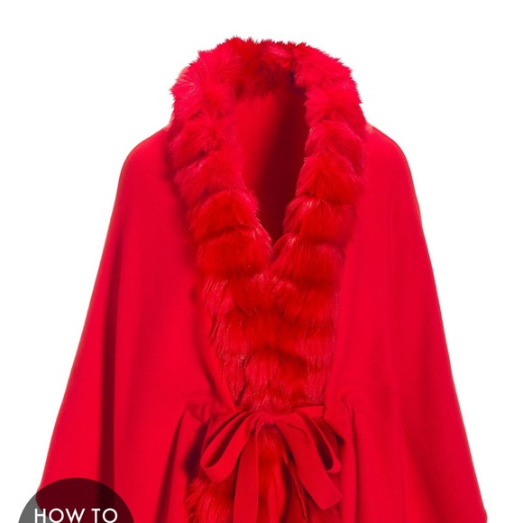 Boston proper Faux Fur Tie Waist Poncho Cape Racing Red size l/xl - Picture 3 of 4